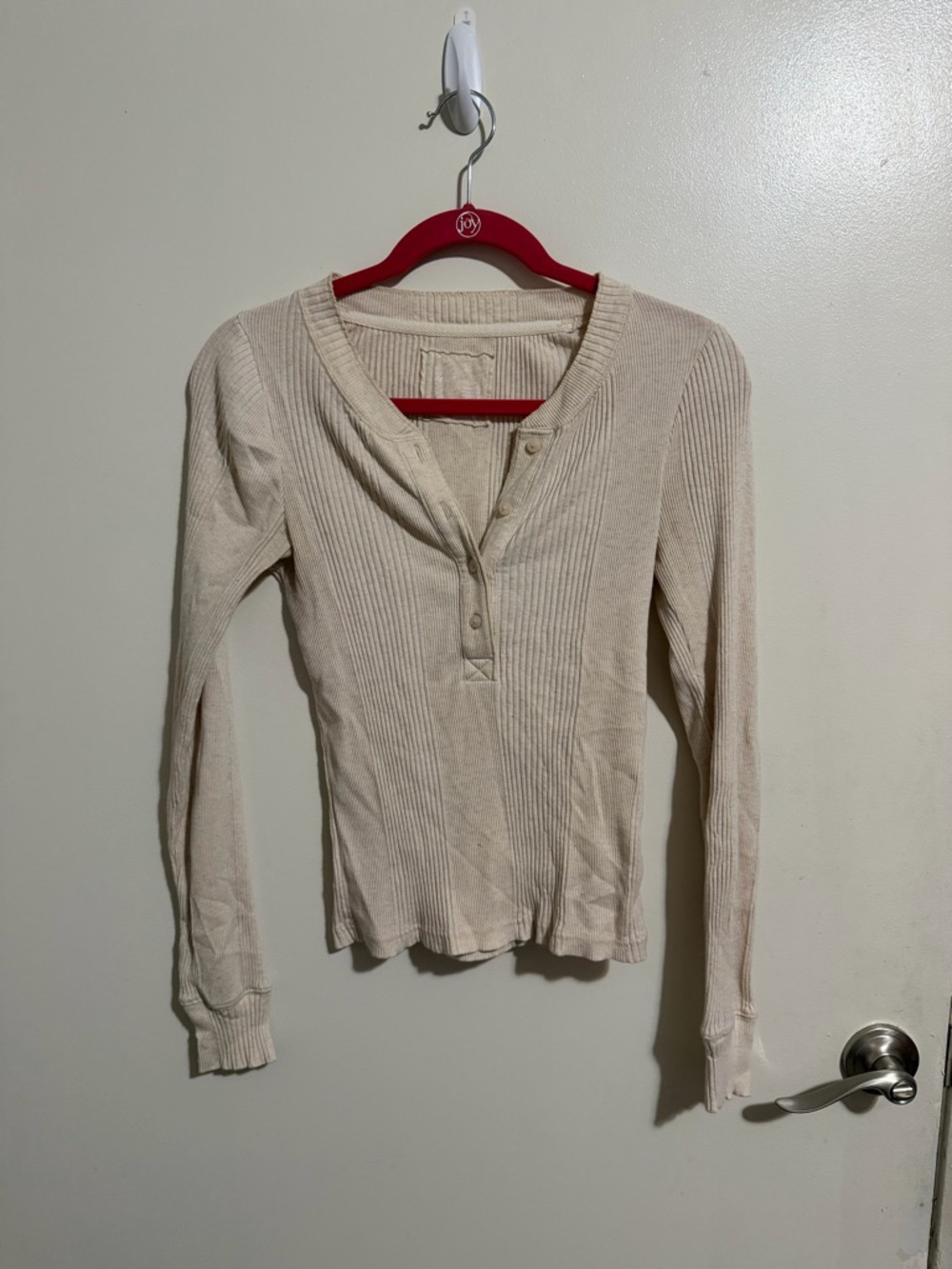 aerie Cream Ribbed Henley Long Sleeve Top